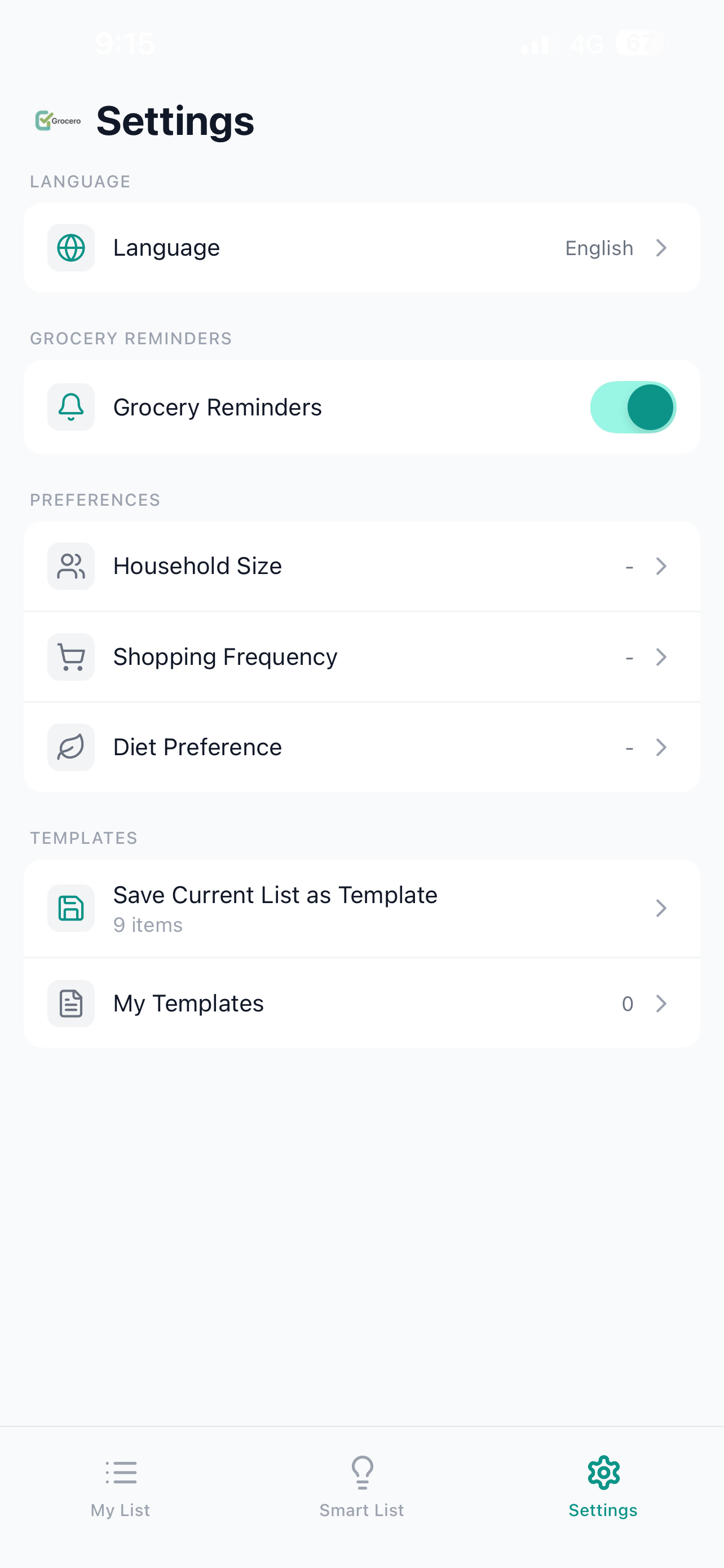 Grocero Settings screen